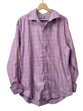 Robert Graham men's button-up shirt bright purple yellow plaid 100% Cotton XL